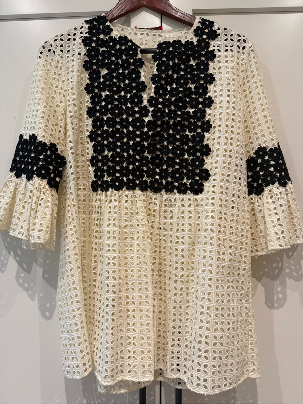 CH Carolina Herrera Off-White Eyelet Tunic with Black Floral Appliqué